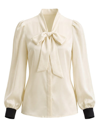 [Prévente] Blouse ivoire en satin à col noué et poignets contrastés années 1970