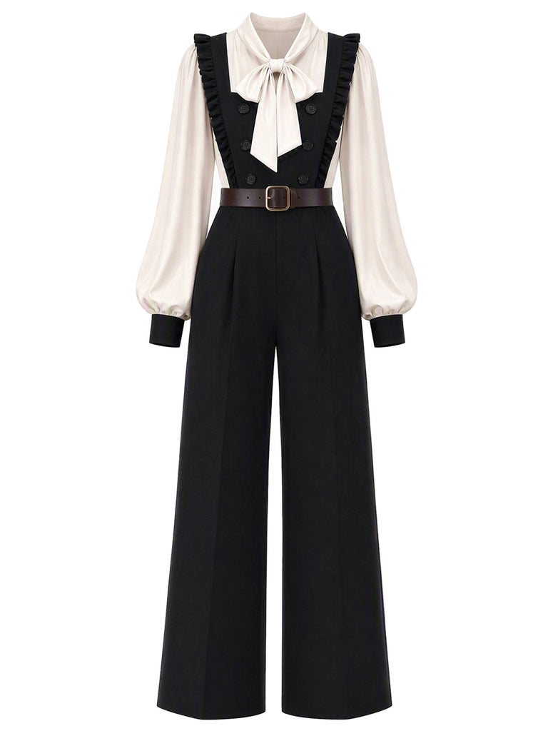 [Prévente] Ensemble 2 pièces blouse à nœud et combinaison à bretelles volantées années 1970