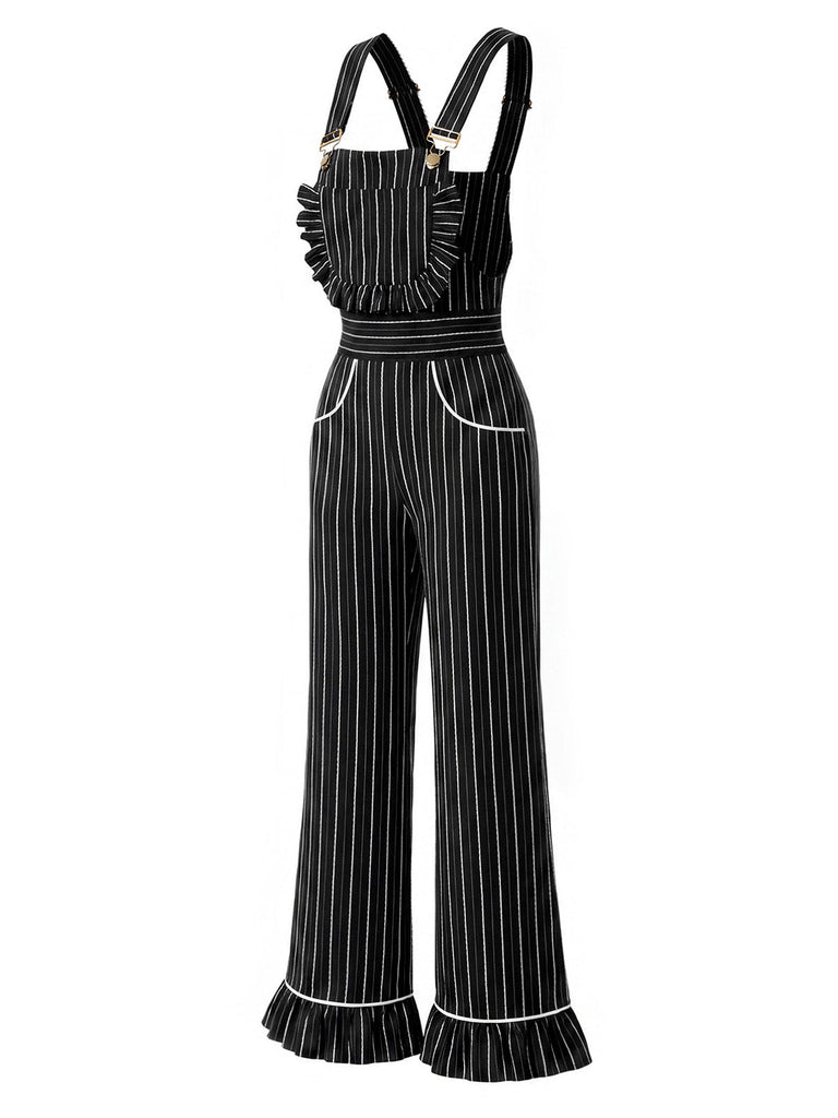 [Prévente] Salopette noire à fines rayures, volants, jambes larges et poches années 1930