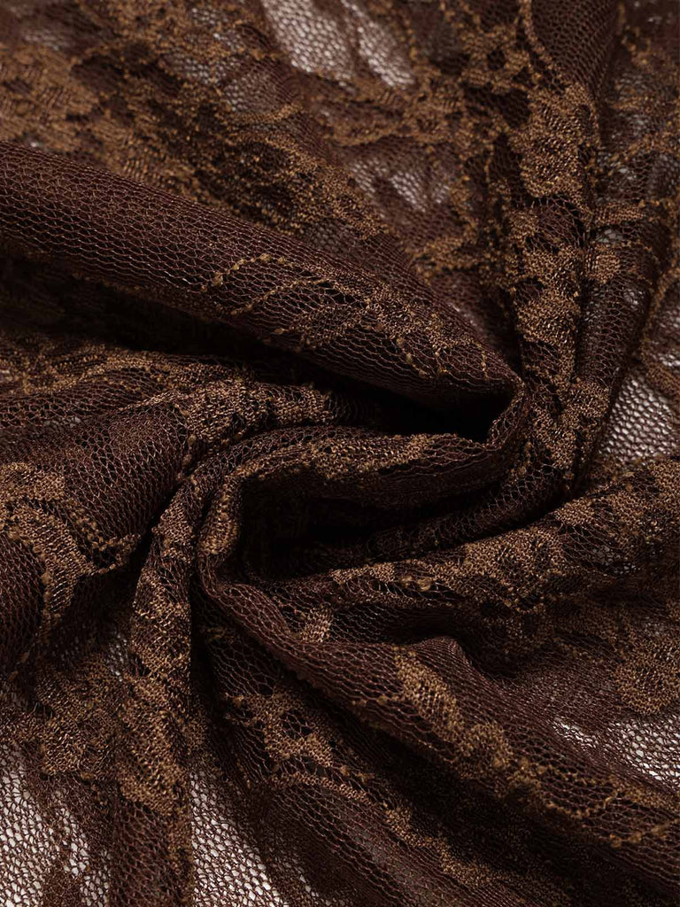 [Prévente] Robe marron en satin à col drapé et empiècements de dentelle années 1970