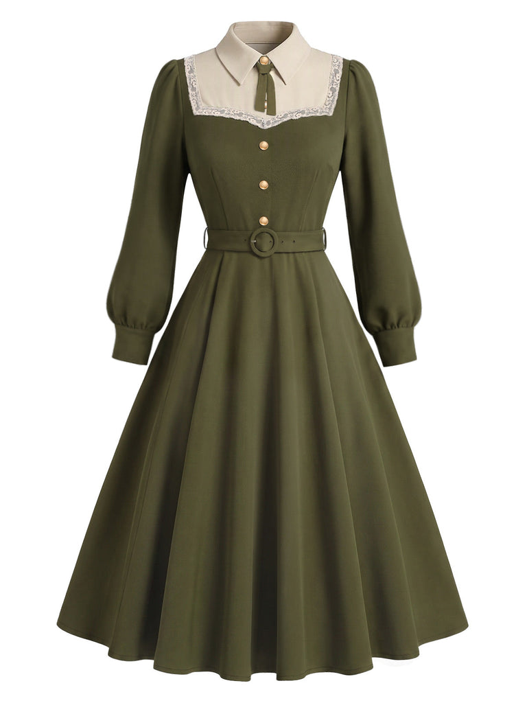 [Prévente] Robe en dentelle boutonnée avec nœud et ceinture années 1940