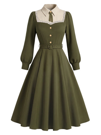 [Prévente] Robe en dentelle boutonnée avec nœud et ceinture années 1940