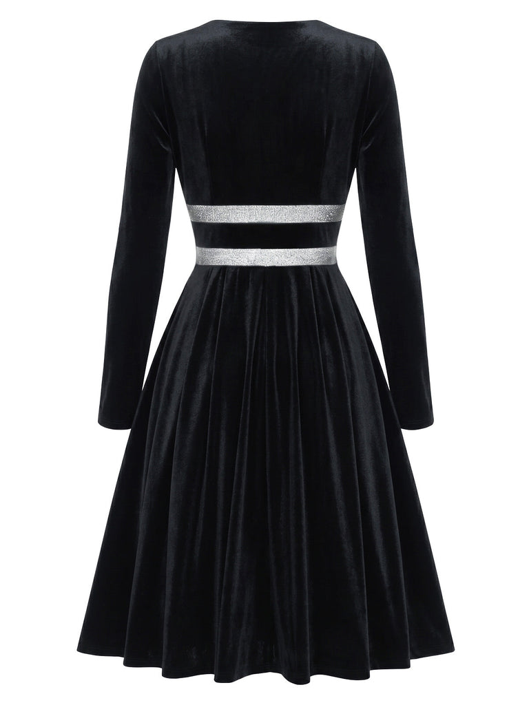 [Prévente] Robe noire en velours à col V et taille argentée années 1980