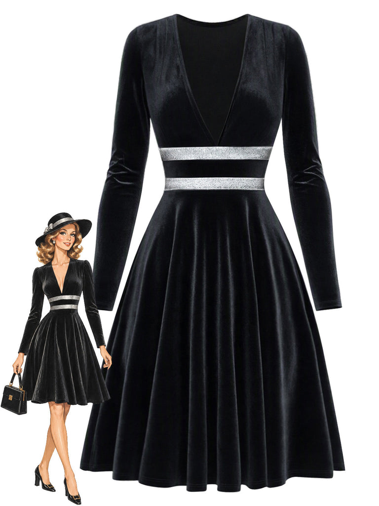 [Prévente] Robe noire en velours à col V et taille argentée années 1980