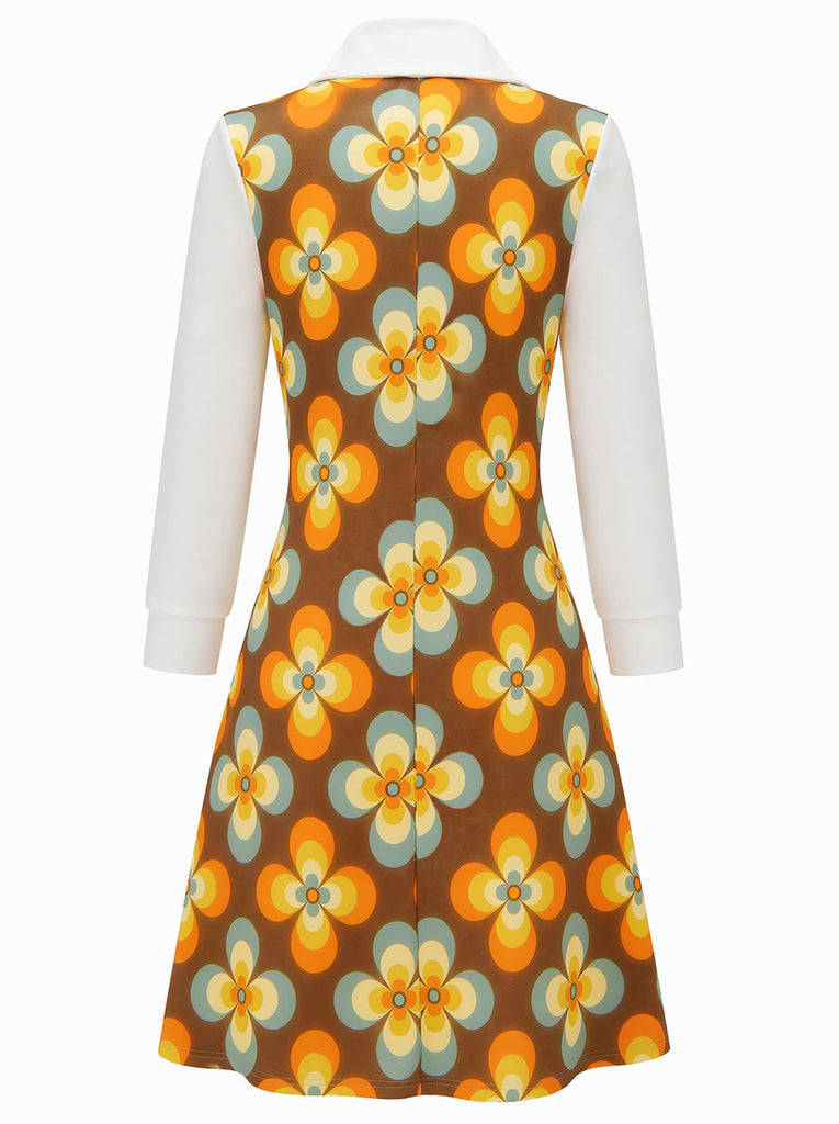 [Prévente] Robe orange à fleurs, grand col pointu et coupe évasée années 1960
