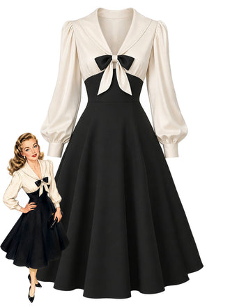 [Prévente] Robe abricot et noire à revers, manches ballon et nœud années 1950 - 1