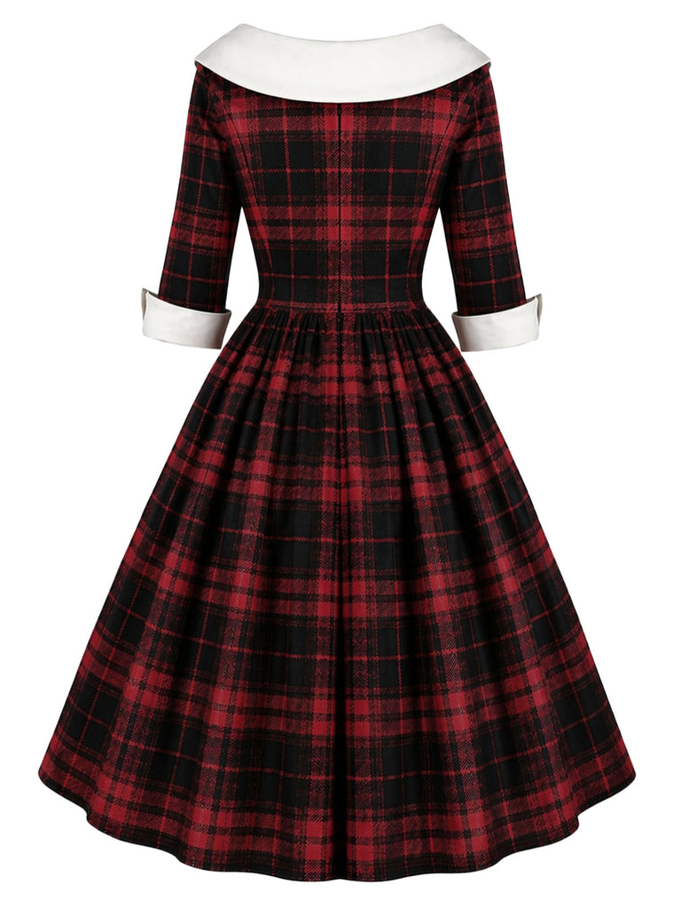 [Prévente] Robe rouge et noire à carreaux écossais et col Chelsea Années 1950 - 4