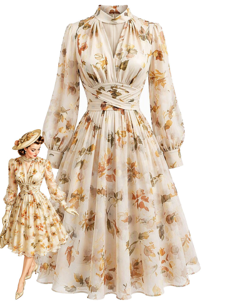 [Prévente] Robe jaune fleurie en mousseline à coupe portefeuille et manches ballon années 1950 - 1