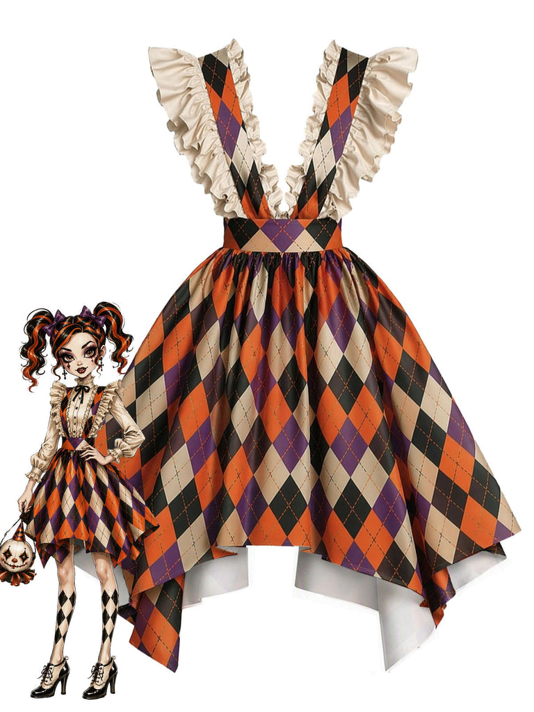 [Prévente] Robe chasuble orange de clown à losanges et volants Années 1980