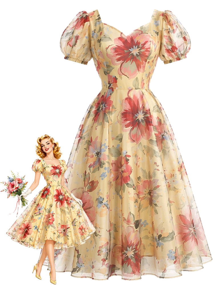 [Prévente] Robe évasée jaune fleurie en tulle à manches bouffantes années 1950