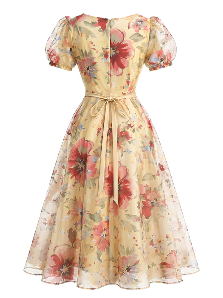 [Prévente] Robe évasée jaune fleurie en tulle à manches bouffantes années 1950