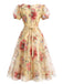 [Prévente] Robe évasée jaune fleurie en tulle à manches bouffantes années 1950