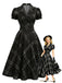 [Prévente] Robe noire à carreaux, col à revers, manches bouffantes et ceinture Années 1950 - 1