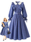 [Prévente] Robe bleue col Claudine finitions volants et ceinture années 50