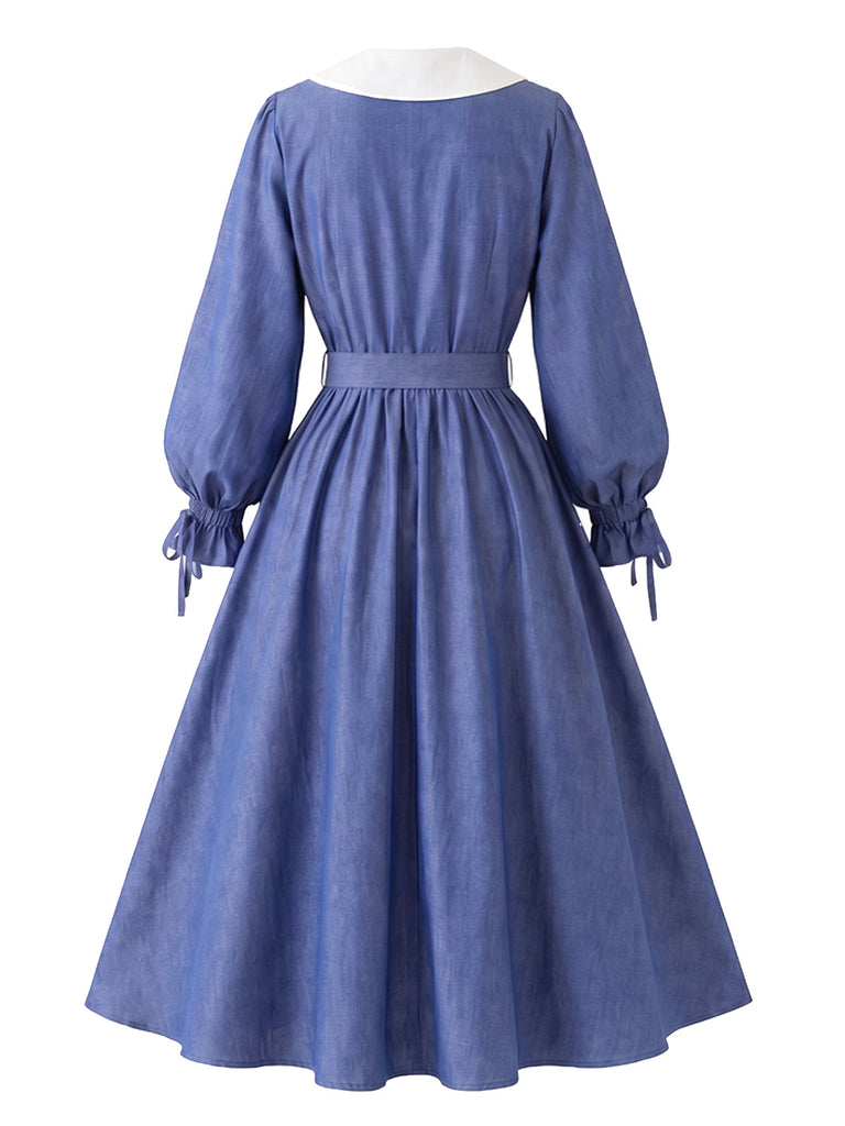 [Prévente] Robe bleue à col Claudine, volants et ceinture années 1950 - 3