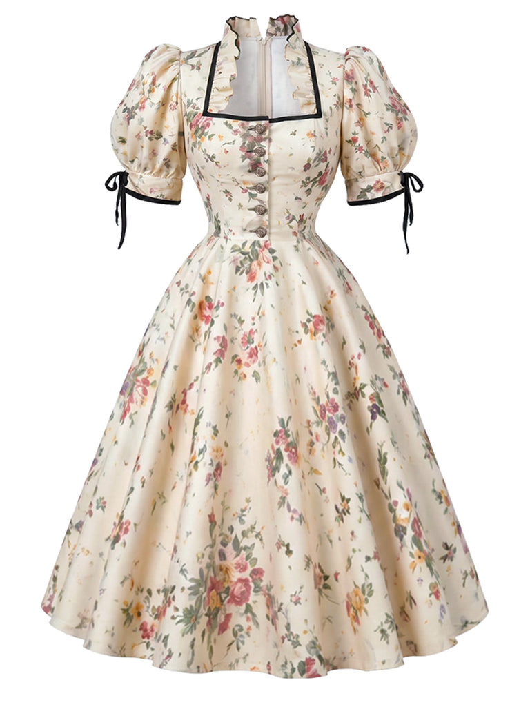 [Prévente] Robe midi évasée jaune clair fleurie à encolure bateau années 1950 - 2