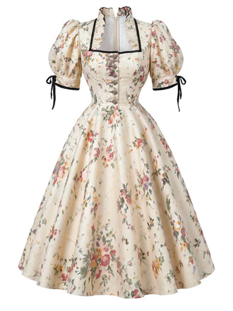 [Prévente] Robe midi évasée jaune clair fleurie à encolure bateau années 1950 - 2