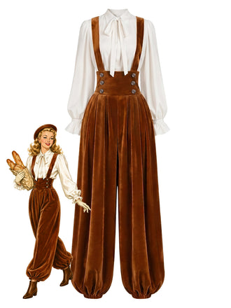 [Prévente] Ensemble 2PCS pantalon sarouel marron clair en velours à bretelles et blouse blanche années 1970