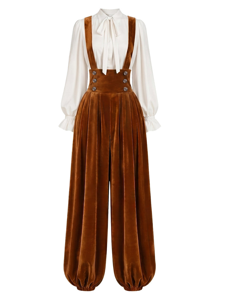 [Prévente] Ensemble 2PCS pantalon sarouel marron clair en velours à bretelles et blouse blanche années 1970