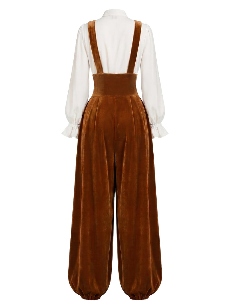 [Prévente] Ensemble 2PCS pantalon sarouel marron clair en velours à bretelles et blouse blanche années 1970