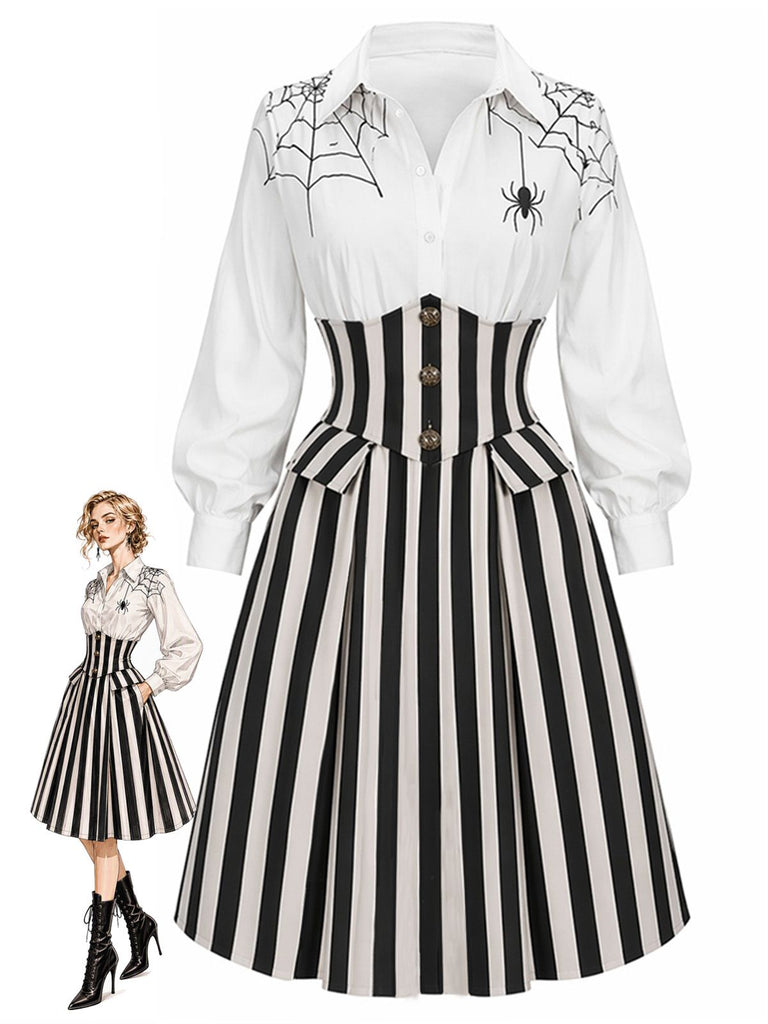 [Prévente] Robe d’Halloween noire et blanche à toile d’araignée et rayures verticales années 1930