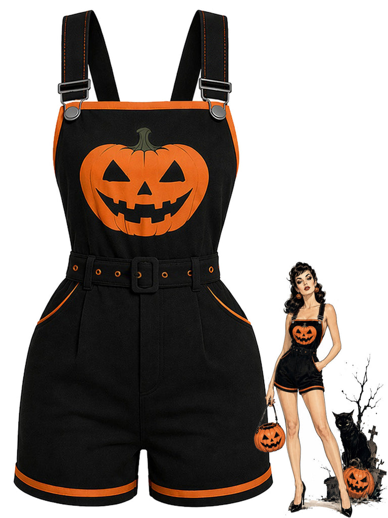 [Prévente] Combishort salopette noir Halloween à citrouilles et poches Années 1960