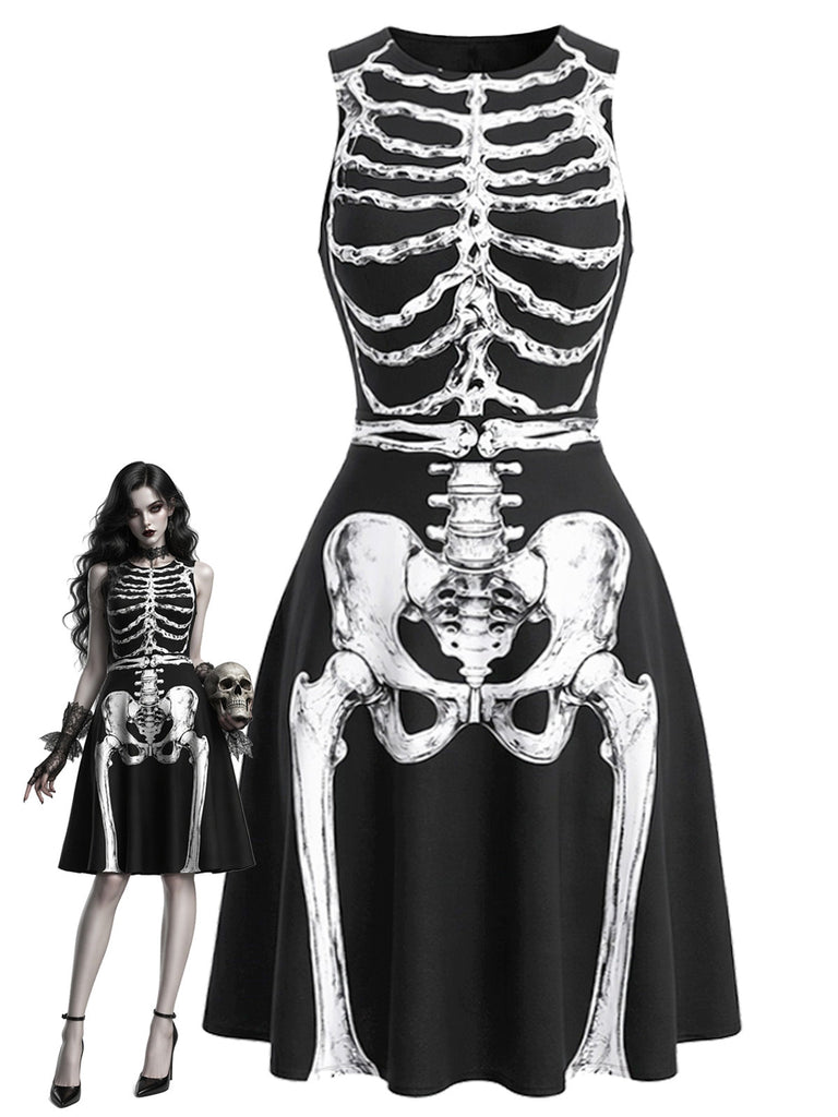 [Prévente] Robe noire d’Halloween sans manches à squelette années 1940