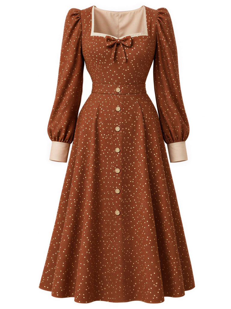 [Prévente] Robe caramel à petits pois, col carré et nœud devant années 1950 - 2