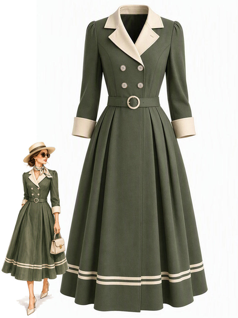 [Prévente] Trench-coat vert à revers crantés, double boutonnage et ceinture années 1940 - 1