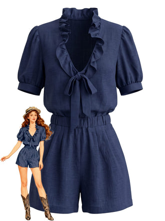 Ensemble 2 pièces blouse à volants, nœud et manches bouffantes et short Années 1950