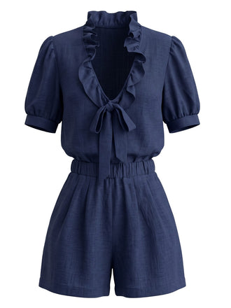 Ensemble 2 pièces blouse à volants, nœud et manches bouffantes et short Années 1950