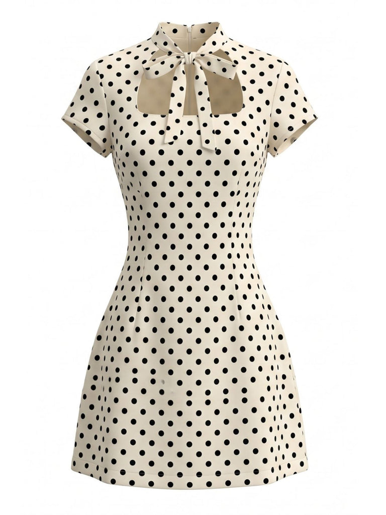 Robe Shift Beige à Pois Nœud Découpée Années 1960