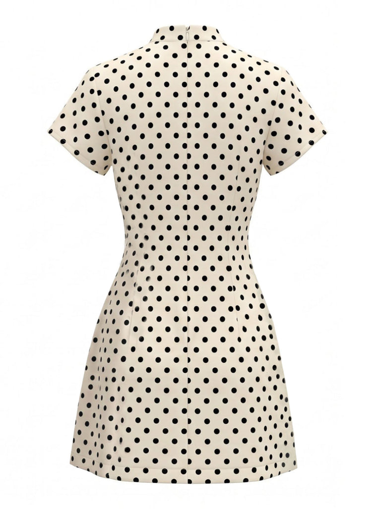 Robe Shift Beige à Pois Nœud Découpée Années 1960 2