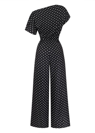 Combinaison noire à pois, épaules dénudées et nœud années 1950