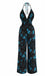 Combinaison Noir et Bleu Floral Halter Jambes Larges Années 1970