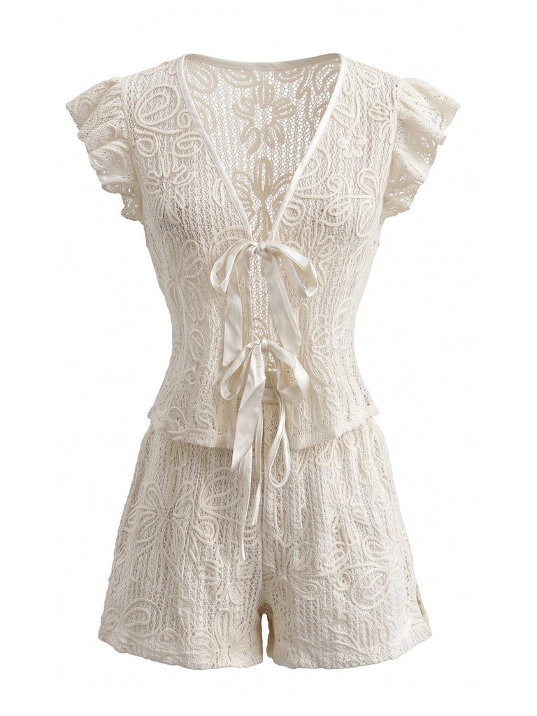 Ensemble 2PCS ivoire en dentelle avec top noué à volants et short Années 1950
