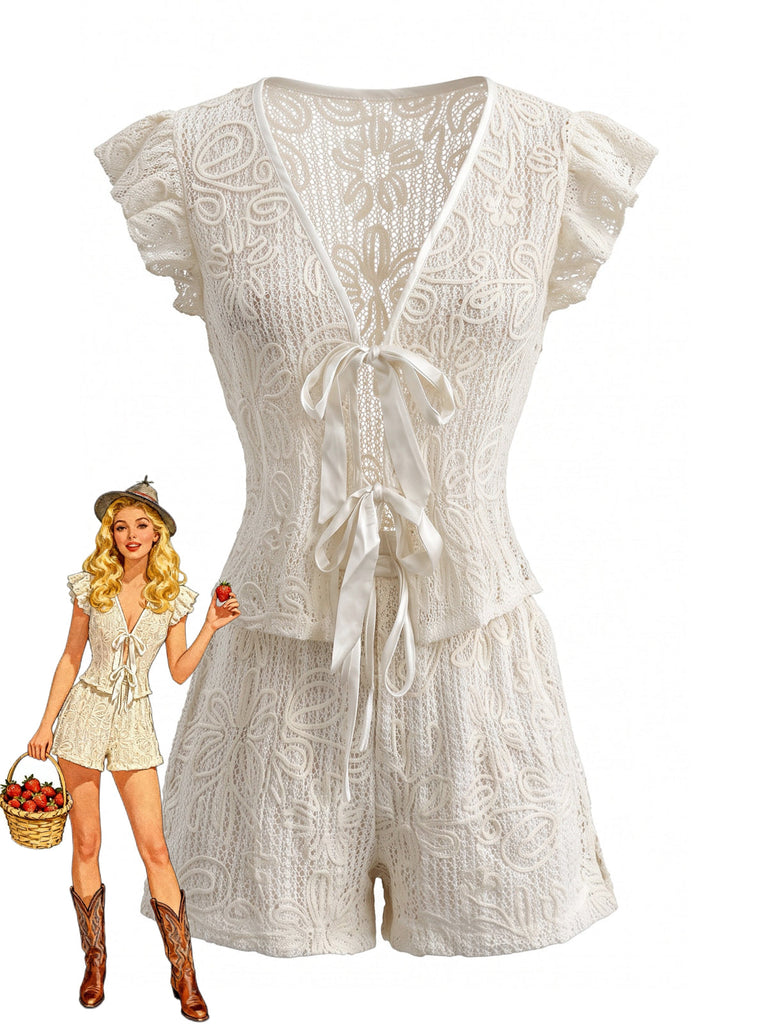 Ensemble 2PCS ivoire en dentelle avec top noué à volants et short Années 1950