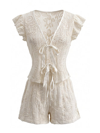 Ensemble 2PCS ivoire en dentelle avec top noué à volants et short Années 1950