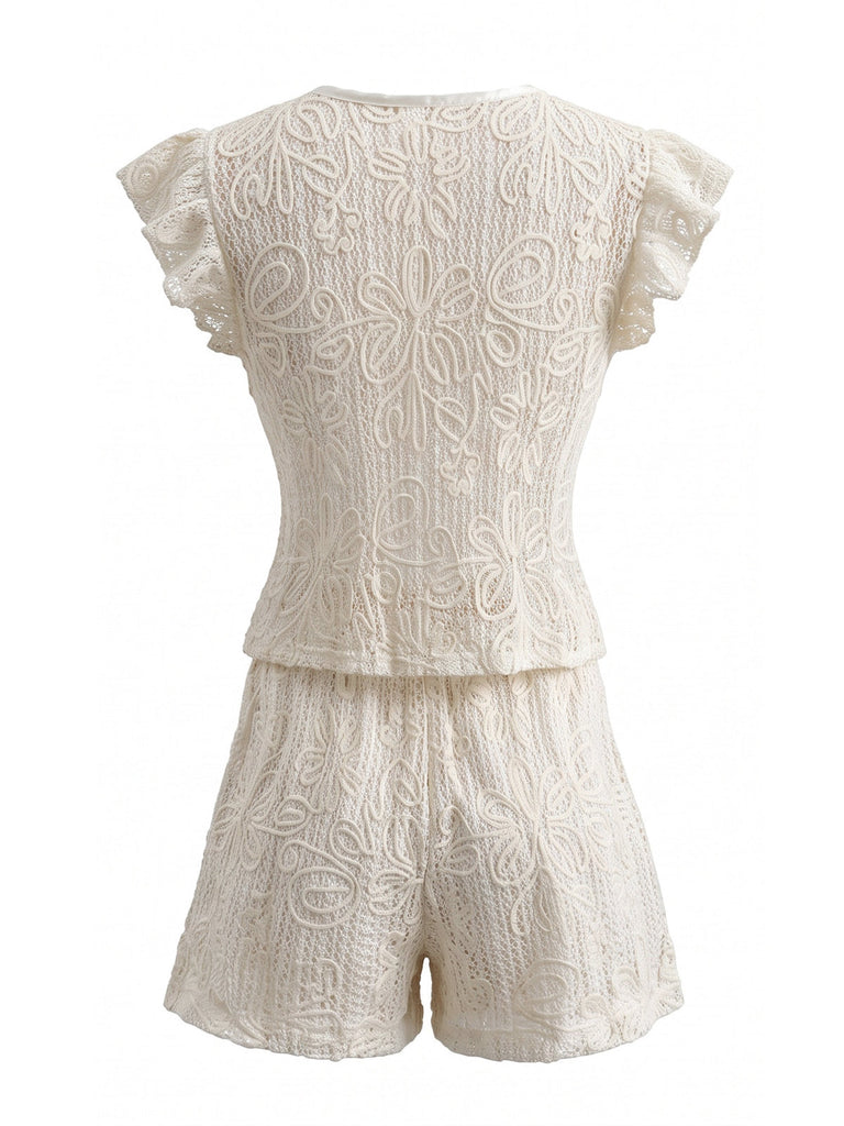 Ensemble 2PCS ivoire en dentelle avec top noué à volants et short Années 1950