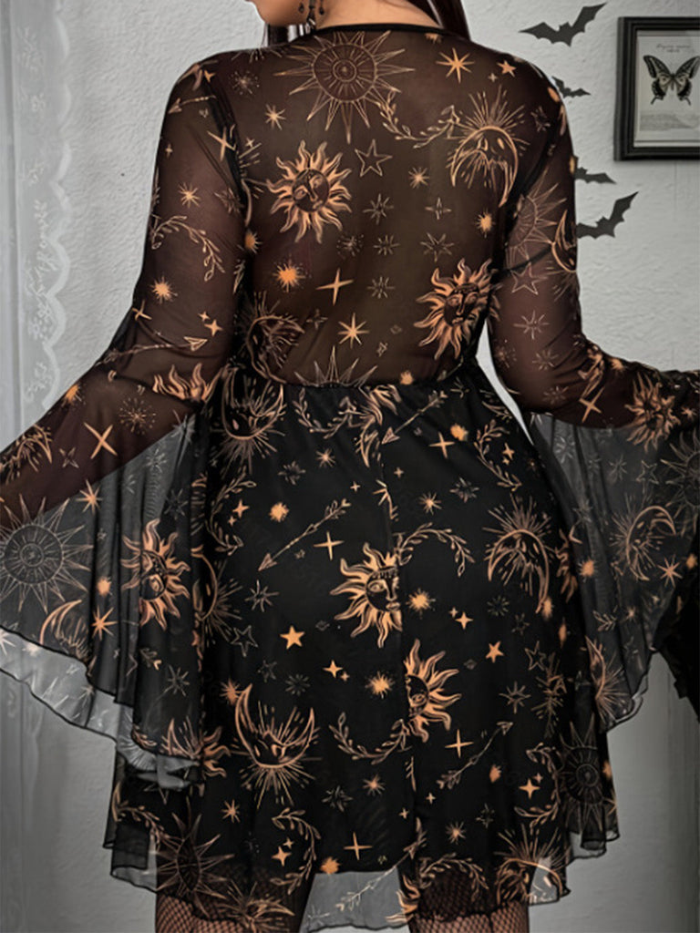[Grande Taille] Robe Punk noire à imprimé soleil, résille et manches longues années 1980
