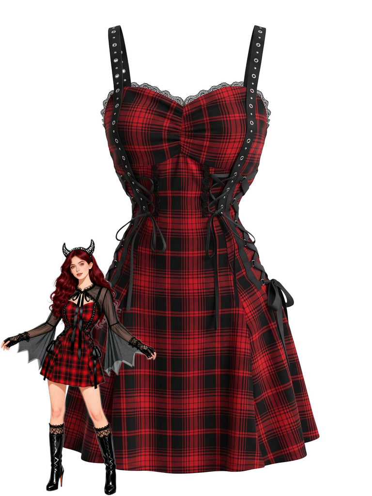 Robe d'Halloween carreaux rouges et noirs bretelles fines années 50