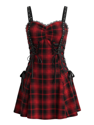 Robe Halloween rouge et noire à carreaux et fines bretelles années 1950 - 1