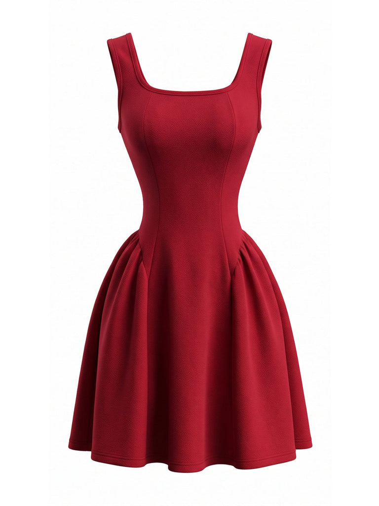 Robe courte unie à col carré années 1950