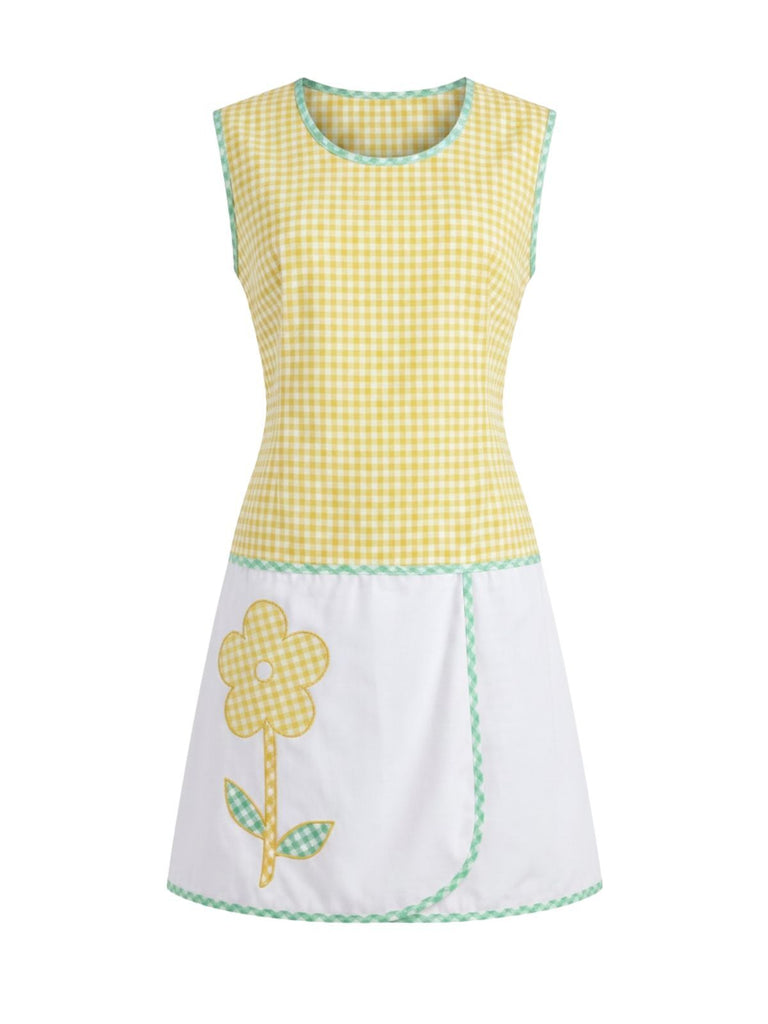 [Prévente] Robe Jaune Vichy Floral Patchwork Passepoil Vert Années 1960