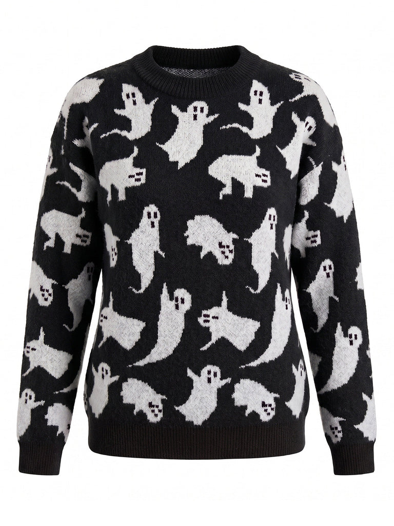 Pull blanc en maille à imprimé fantômes d’Halloween années 1940