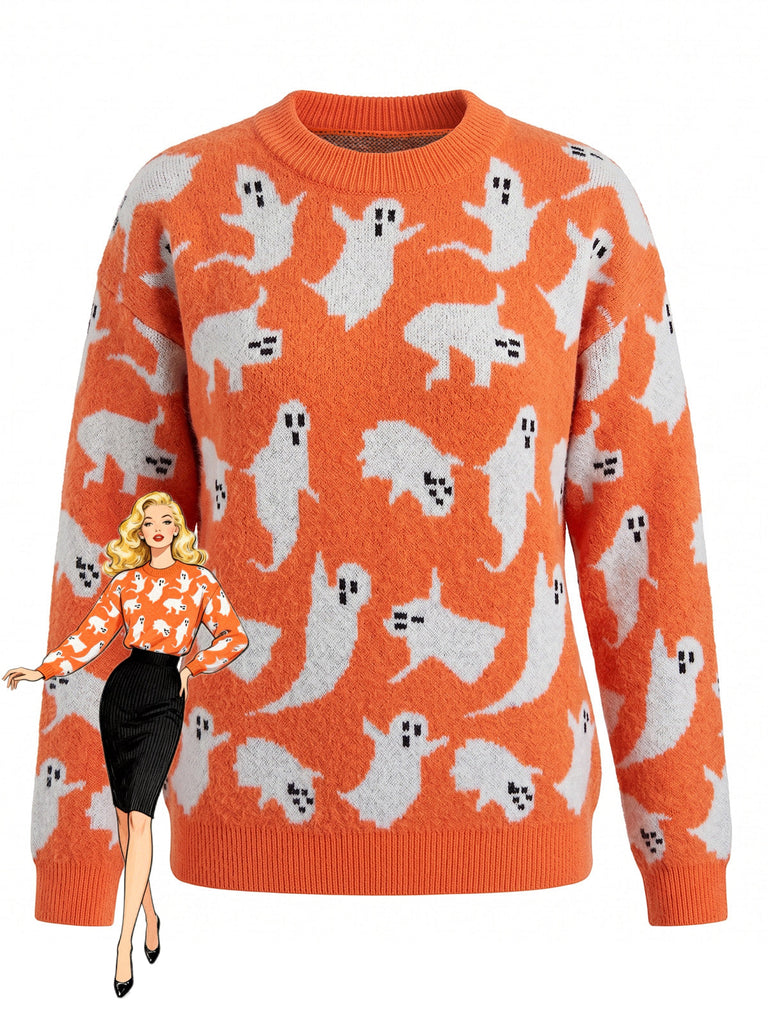 Pull blanc en maille à imprimé fantômes d’Halloween années 1940
