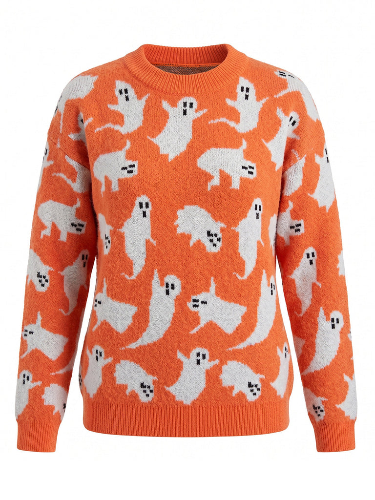 Pull blanc en maille à imprimé fantômes d’Halloween années 1940