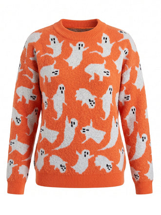 Pull blanc en maille à imprimé fantômes d’Halloween années 1940