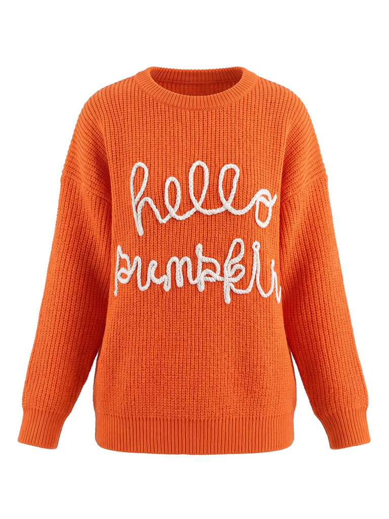 Pull orange en maille à col rond et imprimé lettres années 1940