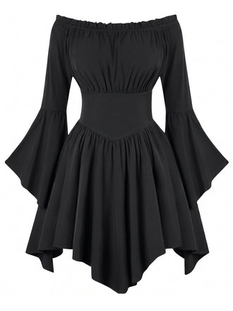 Robe Smockée à Épaules Dénudées et Manches Chauve-Souris Années 1940